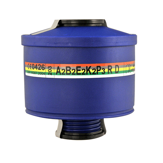 El filtro ABEK2P3  de Medop, un protector Respiratorio con marcado ABEK2P3, protege frente a gases y vapores, válido para buconsales con cierre Univesal.