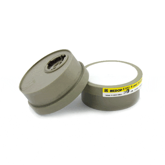 Der E1P2R PAD-Filter von Medop, ein Atemschutz mit der Kennzeichnung E1P2R PAD, schützt vor Partikeln, Gasen und Dämpfen und eignet sich für Halbmasken mit Bajonettanschluss.