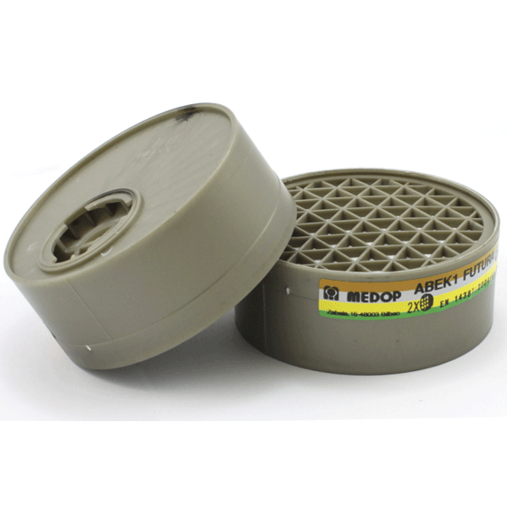 Der ABEK1-Filter von Medop, ein Atemschutz mit der Kennzeichnung ABEK1, schützt vor Gasen und Dämpfen und eignet sich für Halbmasken mit Bajonettanschluss.