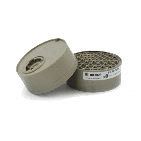 B1 filter from Medop, a respiratory protector with a B1 marking, protects against gases and vapours, for use with half masks with a bayonet closure.
