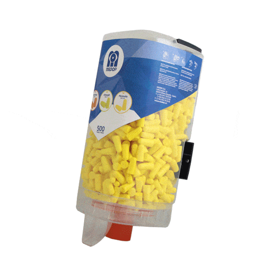 Single use earplug dispenser from Medop with simple wall mounting. Distribution system with a capacity for 500 pairs of earplugs. 