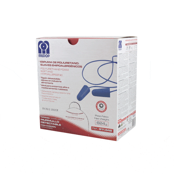 Tampões detetáveis, de um uso, com cordão, de espuma hipoalergénica azul e de forma cónica. SNR 36 dB